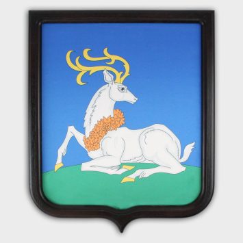 Герб печатный с рамкой из сосны (Премиум), размеры от 35х43 до 76х91 см., ткань Сатен 183