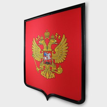 Герб печатный с рамкой из сосны (Премиум), размеры от 35х43 до 76х91 см., ткань Сатен 183
