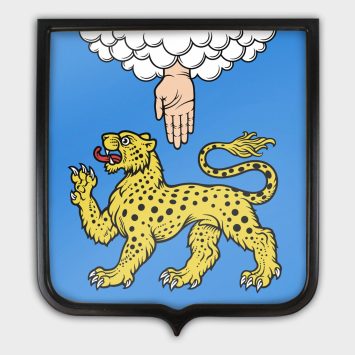 Герб печатный с рамкой из сосны (Премиум), размеры от 35х43 до 76х91 см., ткань Атлас 140