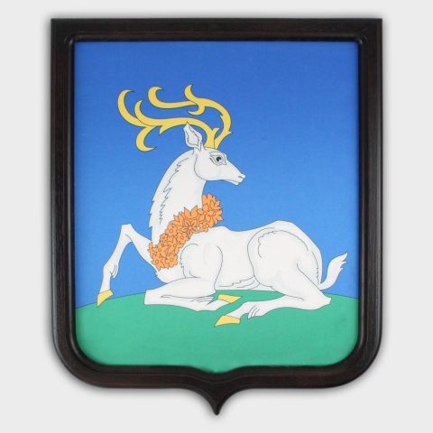 НФ-00027164-01.Герб печатный с рамкой ПРЕМИУМ (материал сосна, цвет темно-коричневый) 35х43см., Сатен 183 гр.кв.м